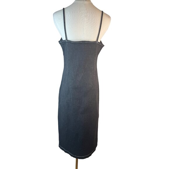 Topshop Size 8 Black Denim Spaghetti Strap Midi Front Slit Jean Dress - Picture 9 of 15
